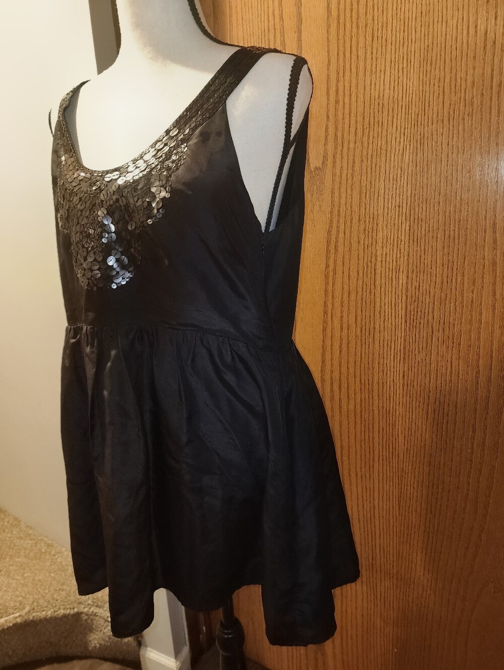 DKNYC Black Silk Sequin Trim Piece Dress L